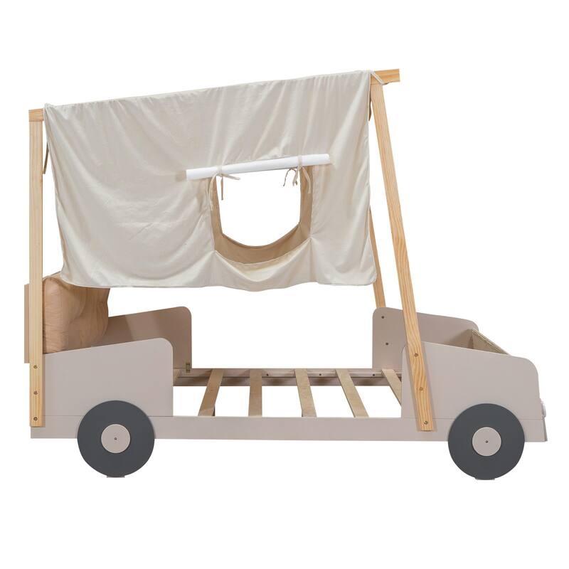 Wooden Car Bed with Tufted Headboard and Ceiling Cloth, LED Platform Bed, Solid Pine Car Shaped Bed Frame