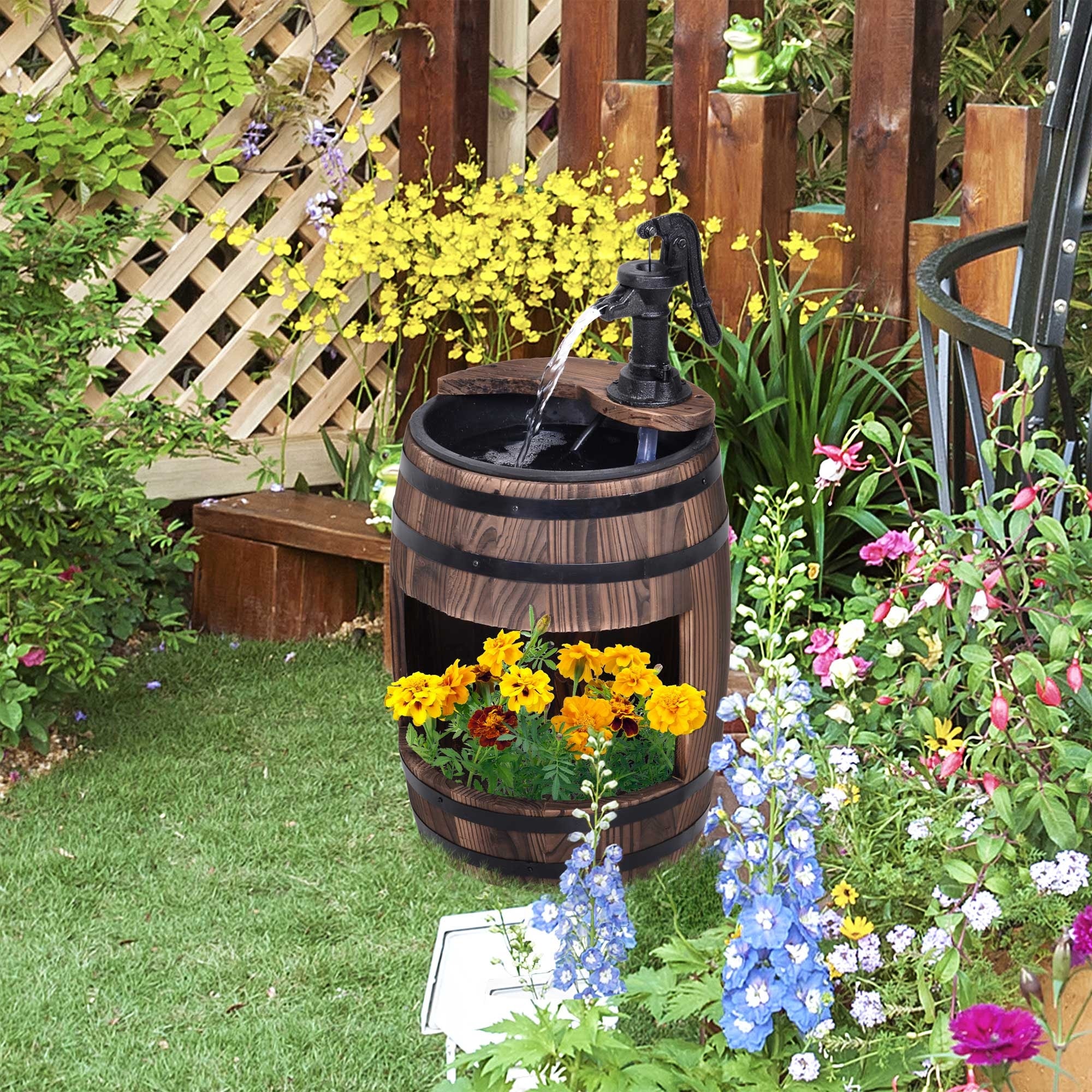 Outsunny 2-Tier Wooden Water Pump Fountain for Fun Garden Decor with Planting Flower Box Base & a Durable Sturdy Design