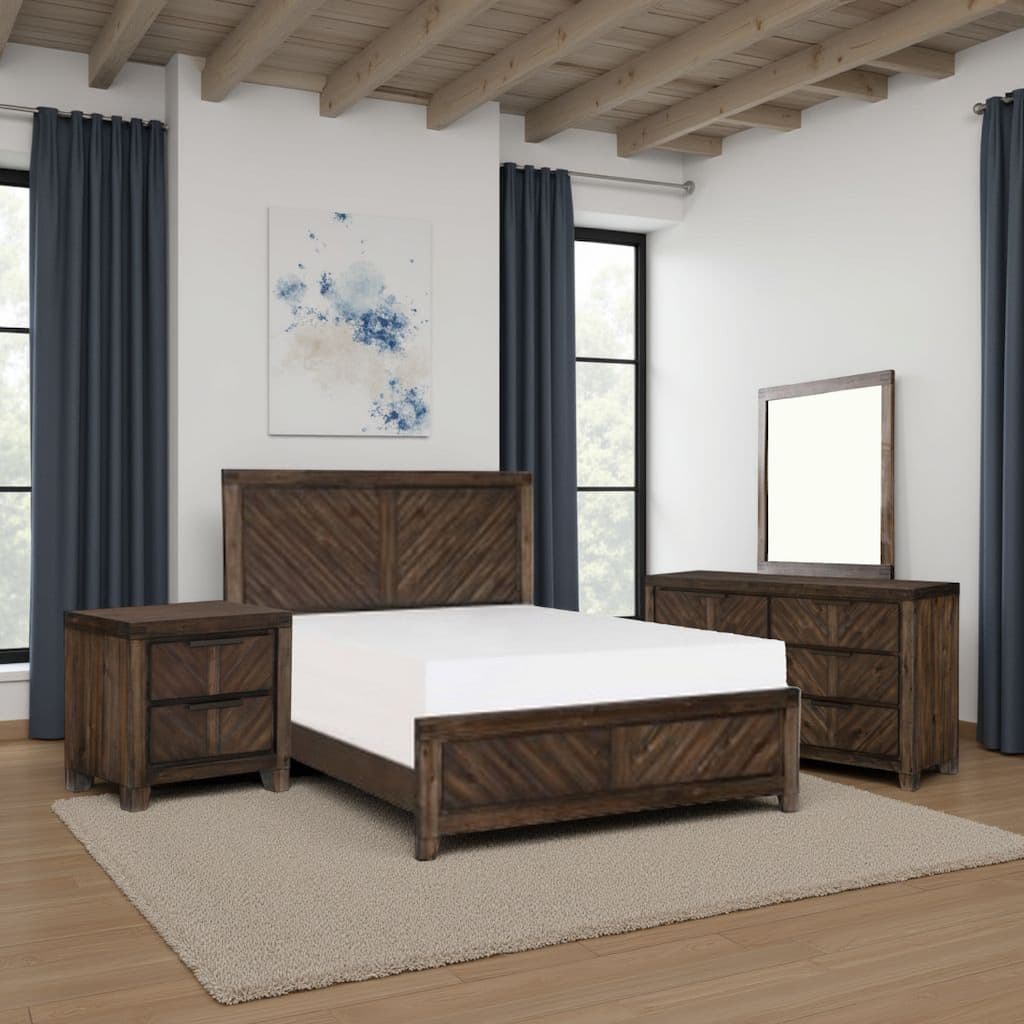 Bitsy Four Pc Queen Bedroom Set, V-Matched Planks, Distressed Espresso Brown Wood