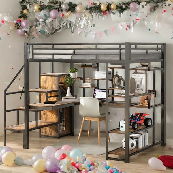 slide 2 of 9, Full Size Loft Bed with Built-in Desk and Storage Staircase, Metal Kids Bed Frame with Small Wardrobe and Storage Shelves, Black Black
