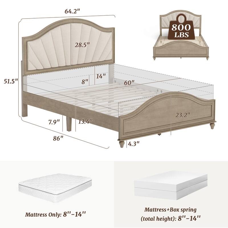 Modern Wooden Upholstered Platform Bed Frame Queen/King Size with Headboard
