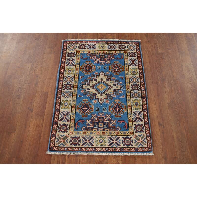 Blue Geometric Kazak Foyer Rug Handmade Oriental Wool Carpet - 2'1" x 3'0"