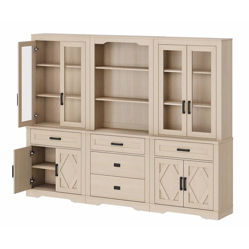 3-Column 73.3" Tall Bookshelf Set with Open Storage and Glass Doors