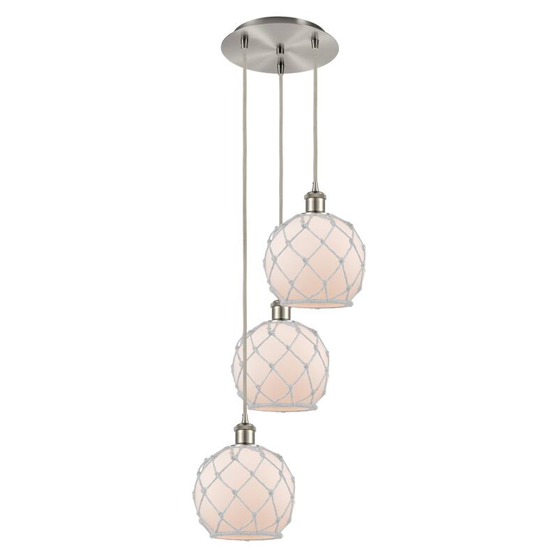 Innovations Lighting Endless Possibilities Ballston - Farmhouse Rope - 3 Light 15" Cord Hung Multi Pendant - White Glass with White Rope/Brushed Satin Nickel