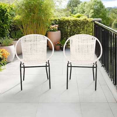 Linca Outdoor Side Chair, Set of 2, White Faux Rattan Seat, Black Iron