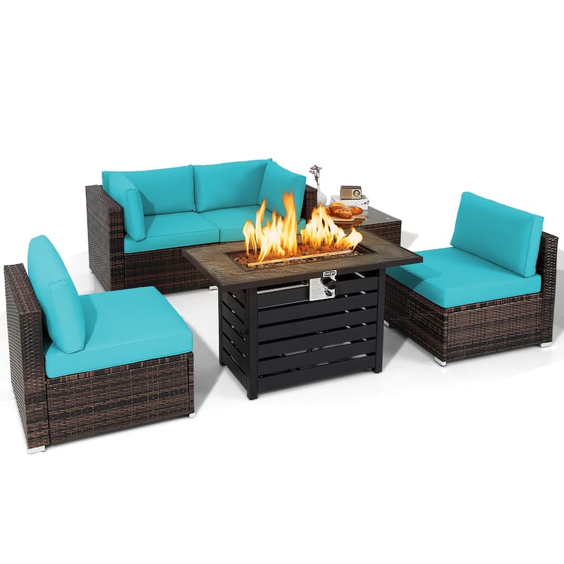 Costway 6PCS Patio Rattan Furniture Set 42'' Fire Pit Table Cover Sofa - See Details