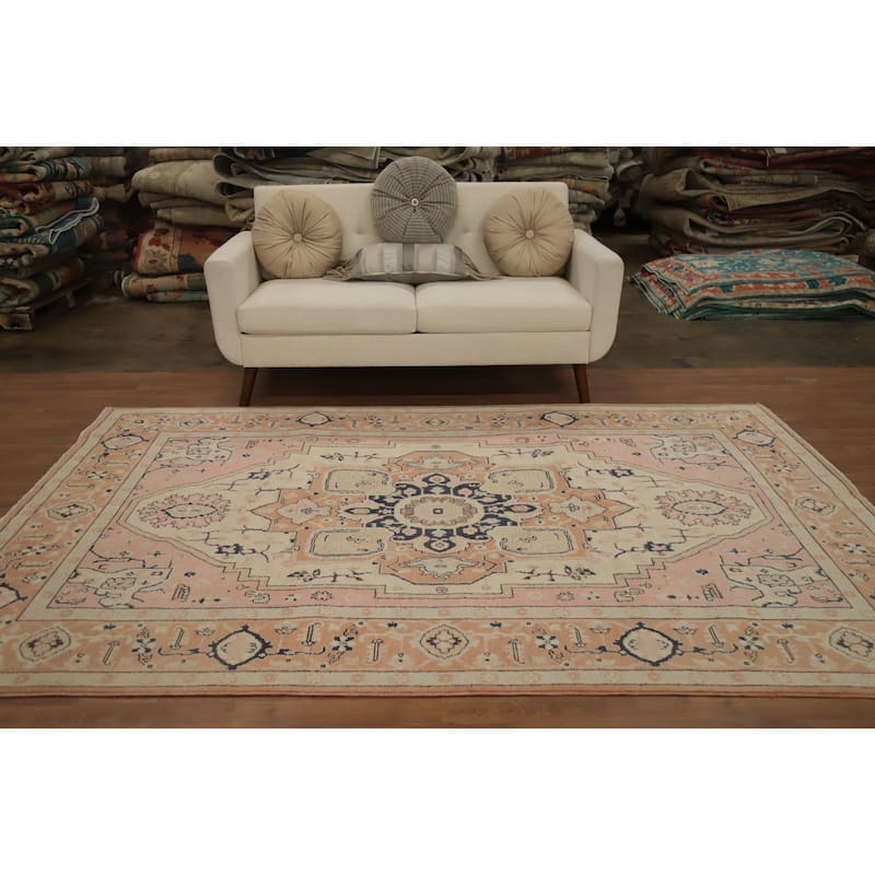 Hand Knotted Oriental 100% Wool Carpet Traditional Medallion Beige & Ivories Heriz (serapi) Area Rug - 9' 0'' X 5' 10''