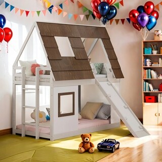 Kid Bed Frame Twin Size House Bunk Bed with Ladder and Climbing Ramp