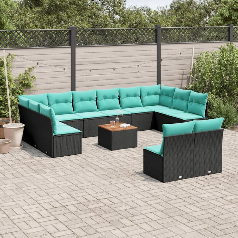 vidaXL 13 Piece Patio Sofa Set with Cushions Black Poly Rattan - 24.4 x 24.4 x 27.2
