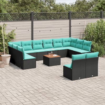 vidaXL 13 Piece Patio Sofa Set with Cushions Black Poly Rattan - 24.4 x 24.4 x 27.2