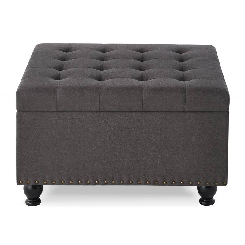 Large square storage ottoman with wooden legs, Upholstered button tufted coffee table with nail trims for Living Space