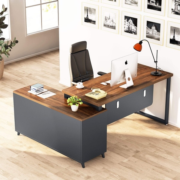 55 Inch Large Executive Office Desk with File Cabinet and Drawers