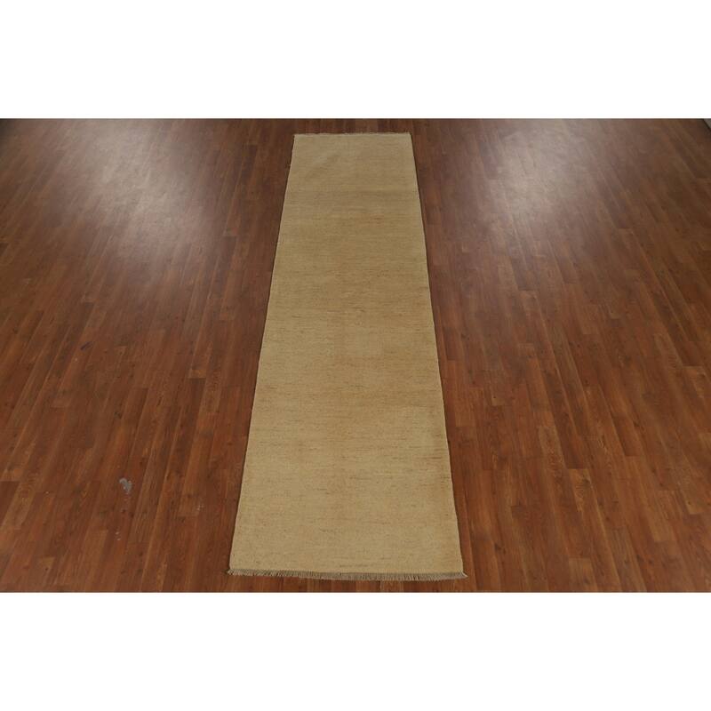 Modern Muted Yellow Gabbeh Runner Rug Hand-Knotted Wool Carpet - 2'8" x 9'8"