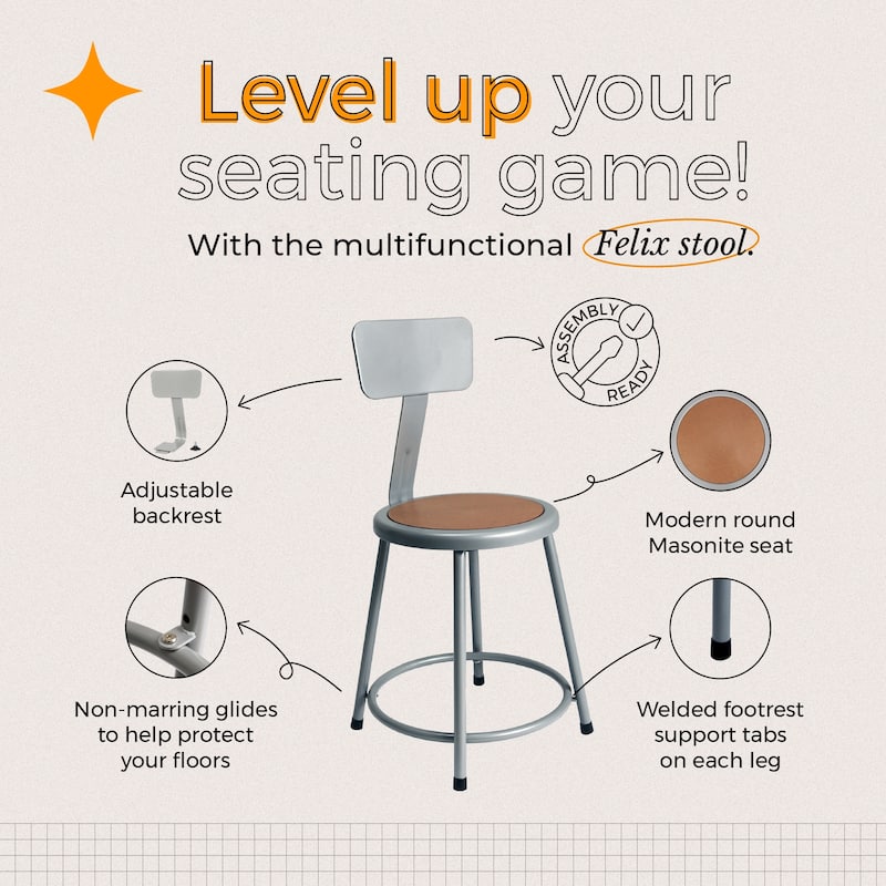 Hampden Furnishings Felix Collection Steel Stool with Backrest, AssemblyReady