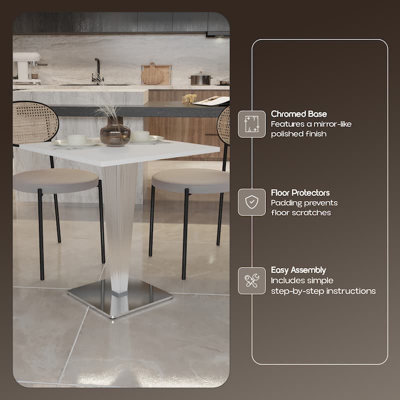 Glen Modern MDF Square Dining Table in Polished Chrome Base Clear Acrylic Base Floor Pads Easy Assembly - 23.75"