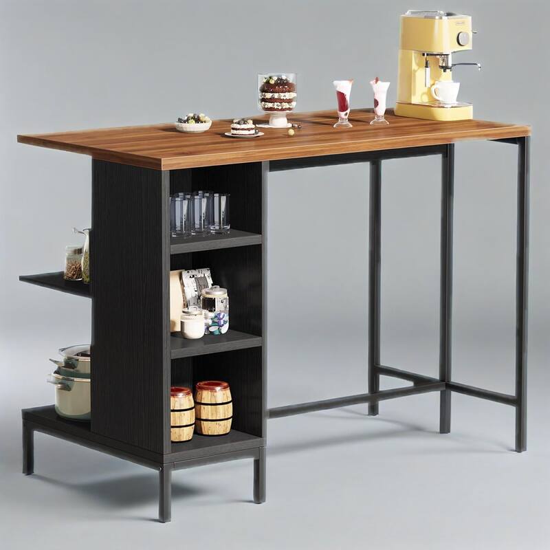 Freestanding Kitchen Walnut Top Island with 5 Open Shelves and Adjustable Feet Black Metal Frame - 43.3”L x 23.62”W x 35.43”H