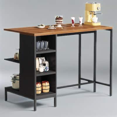 Freestanding Kitchen Walnut Top Island with 5 Open Shelves and Adjustable Feet Black Metal Frame - 43.3”L x 23.62”W x 35.43”H