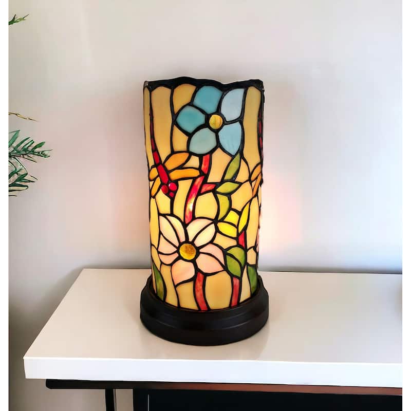 HomeRoots 10" Red and Beige Dragonfly Stained Glass Accent Lamp - 8 x 8 x 14
