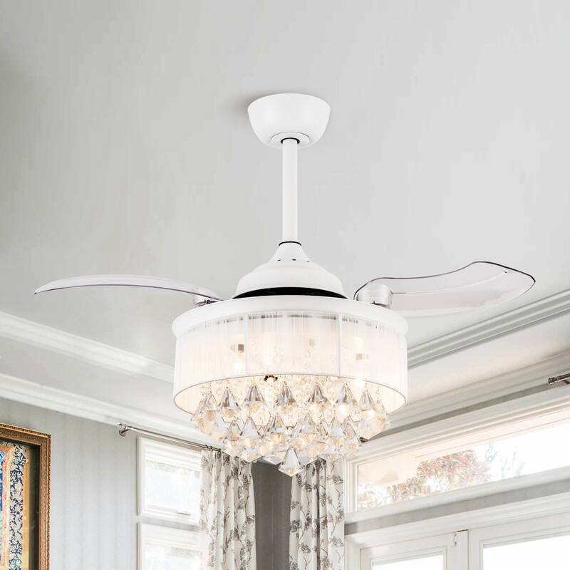 36 in. Modern White Crystal Retractable Ceiling Fan with Light Kit and Remote - 36" W x 36" D x 22" H - Clear Blades/White