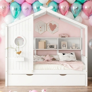 Modern Twin Size Wooden House Bed With Trundle With Storage Shlef For Kids