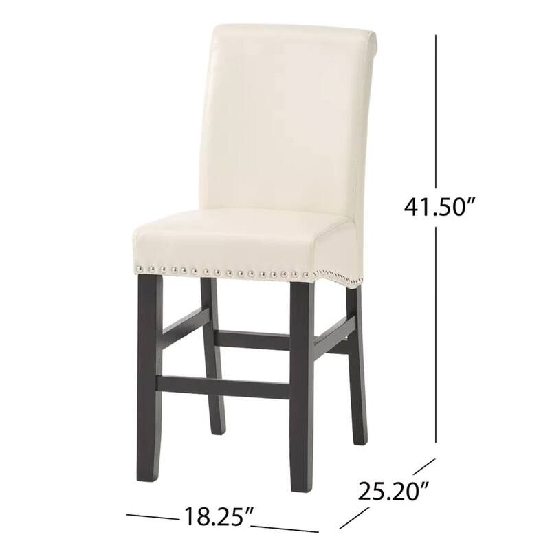 Roomfitters Upholstered Leather Counter Stools, Set of 2 Dining Chairs with Nailhead Trim and Wood Legs, Ivory Black