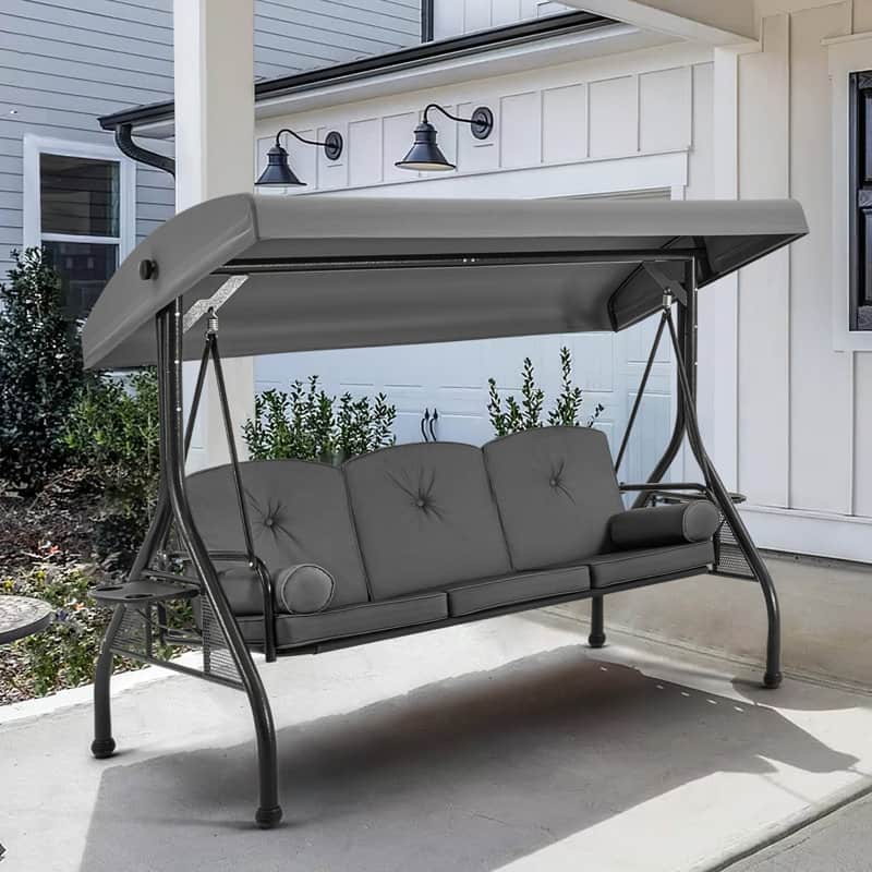 Outdoor 3-Seat Porch Swing with Adjustable Canopy & Cup Holder,Porch Swing Glider Chair, Heavy-Duty Steel Frame