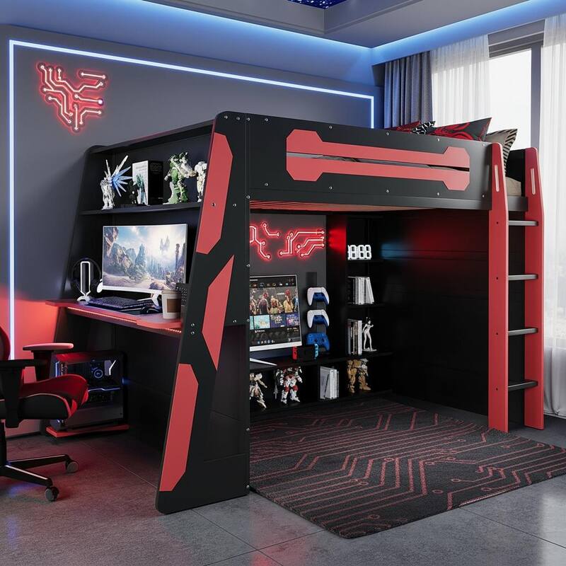 Full Loft Gaming Bed with Desk, RGB Light & Charging Station by Harper&Bright Designs - Red