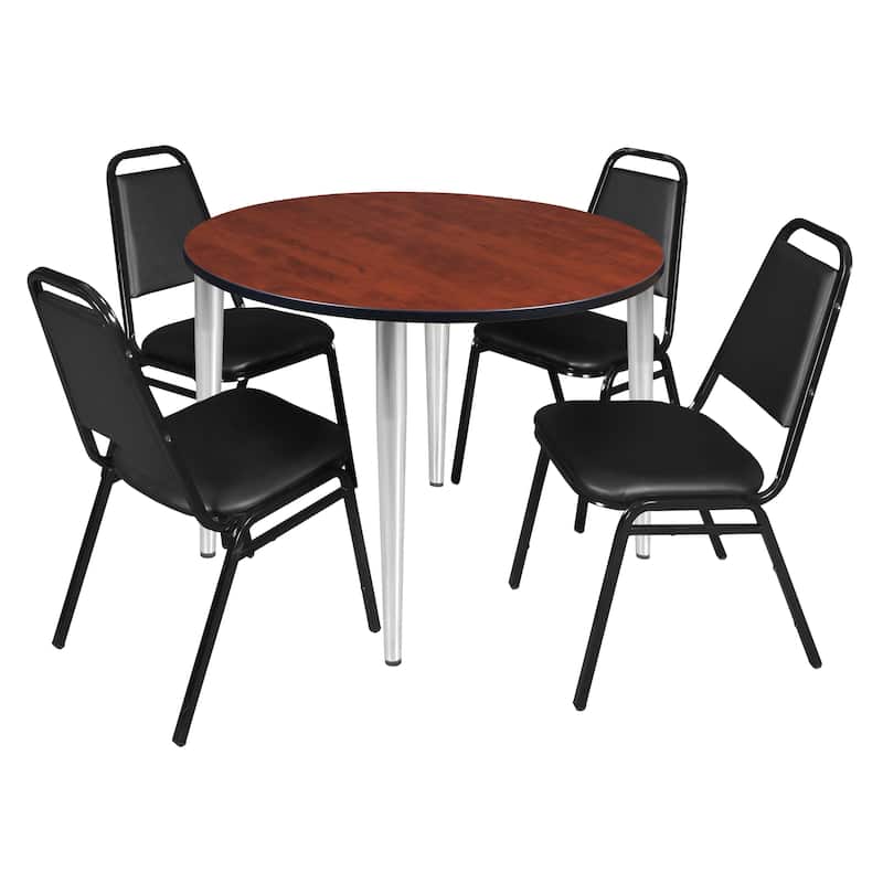 Kahlo 48" Round Breakroom Table- Cherry/ Chrome & 4 Restaurant Stack Chairs- Black - Silver/Red/Black - Cherry Finish