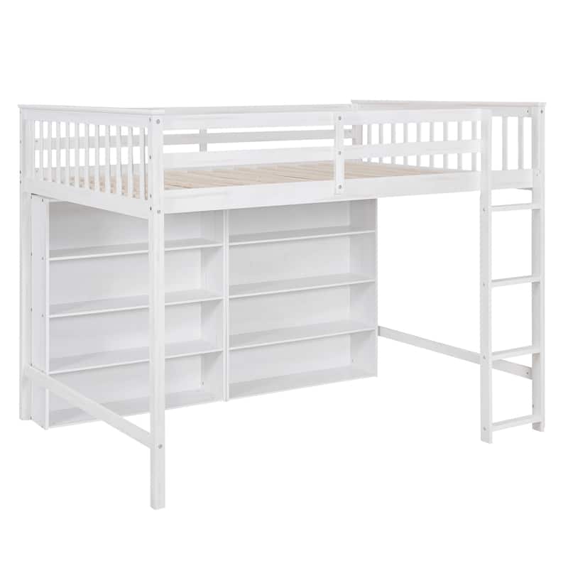 Roomfitters Twin/Full Loft Bed with Built-in Ladder and Eight Open Storage Shelves for Books or Décor