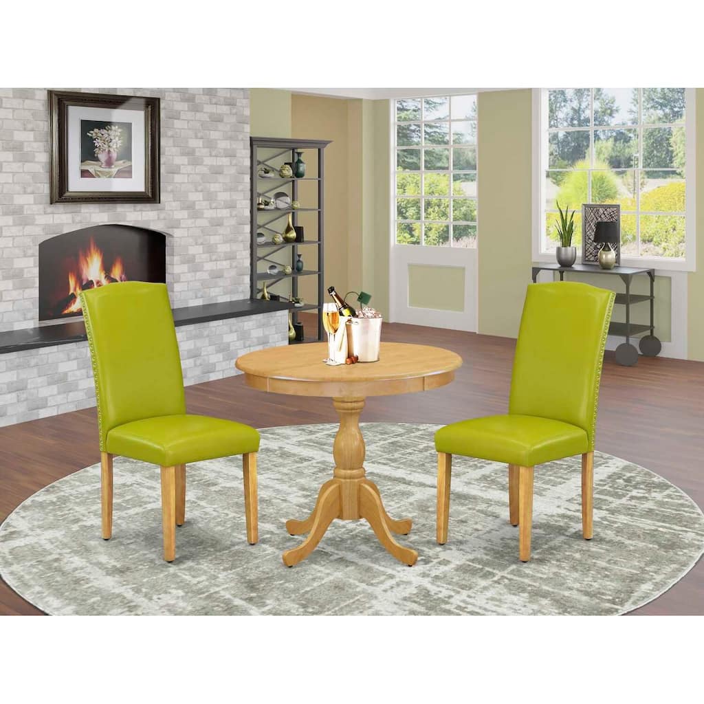 3-Piece Natural Oak Finish Solid Wood Top - Round Dining Room Set with High Back - Seats 4