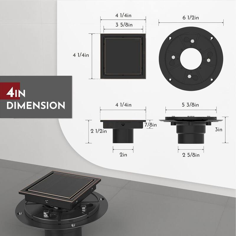 4/6-Inch Square Shower Drain, Reversible Tile Insert