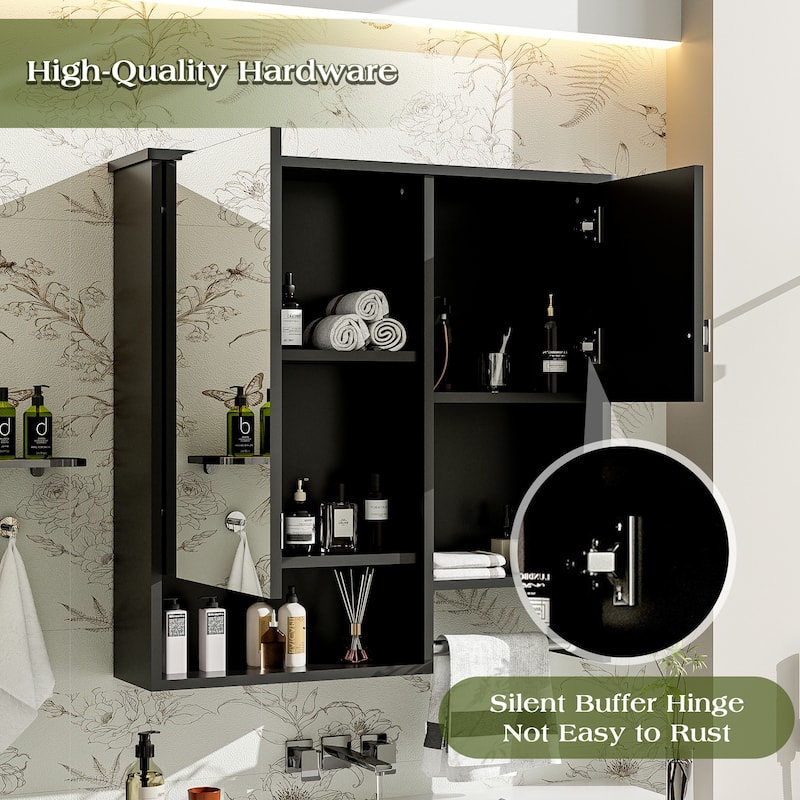 Wall Mounted Bathroom Storage Cabinet, Bathroom Medicine Cabinet with Mirror, Bathroom Wall Cabinet with Open Shelf & Towel Bar