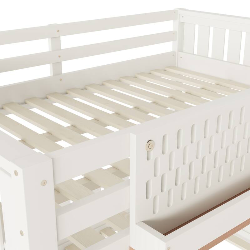 Roomfitters Queen over Queen Bunk Bed with Bookshelf and Pegboard, Solid Wood Split Frame