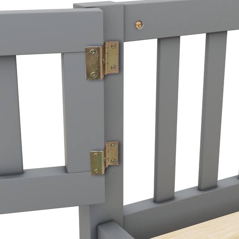 Full Size Pine Wood Floor Bed with Safety Guardrails and Door