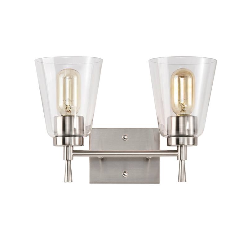 Brushed Nickel 2-Light Modern Vanity Light with Clear Cone Glass Shades - Brushed Nickel