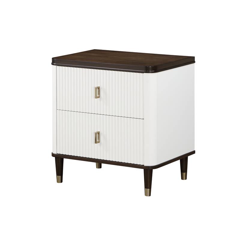Nightstand with Slatted Drawer Fronts, Wooden Entryway Accent Table, Coffee Table with USB Port & Tapered Metal Legs