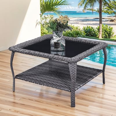 Stylish Outdoor Wicker Coffee Table with Glass Top