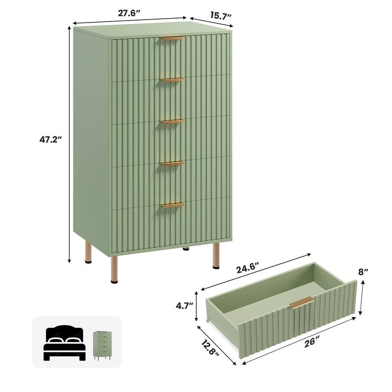 Fluted 5 Drawer Storage Dresser, Tall Modern Chest with Ample Deep Drawers and Wide Top