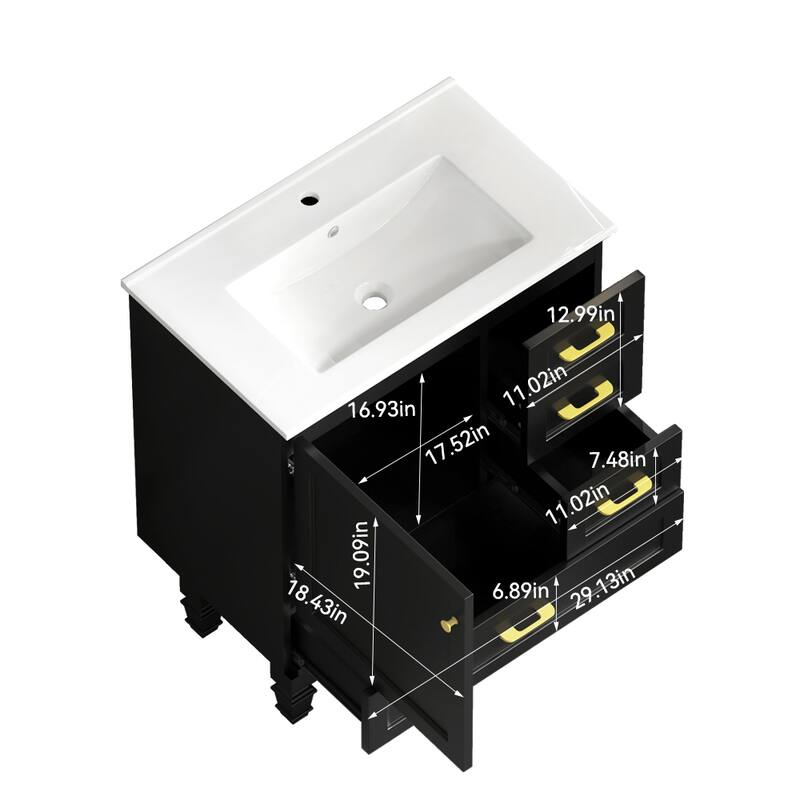 Bathroom Vanity with Ceramic Sink, Wooden Bathroom Storage Cabinet, Bathroom Cabinet with Soft Close Doors & 3 Drawers