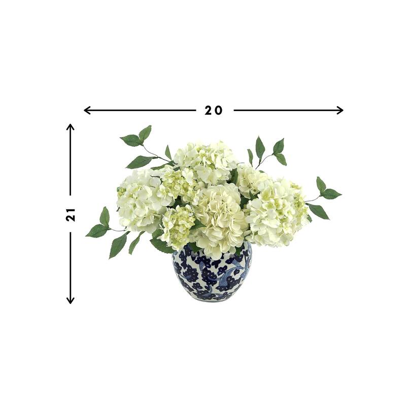 Hydrangea Floral Arrangement in Decorative Ceramic Vase - White, Blue