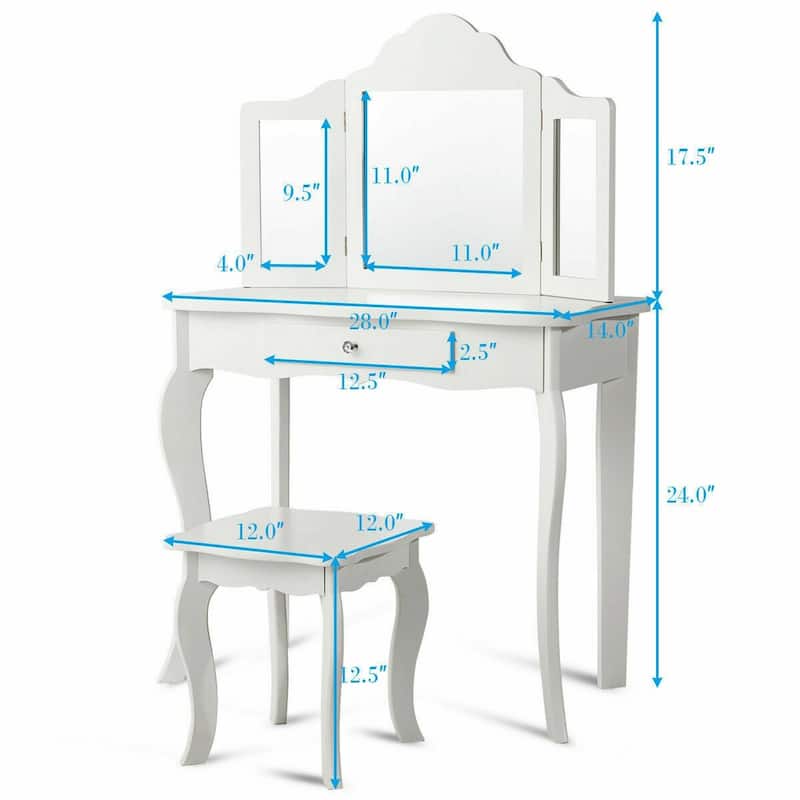 Kids Makeup Dressing Mirror Vanity Table Stool Set - 27.5" x 13.5" x 41" (L x W x H)