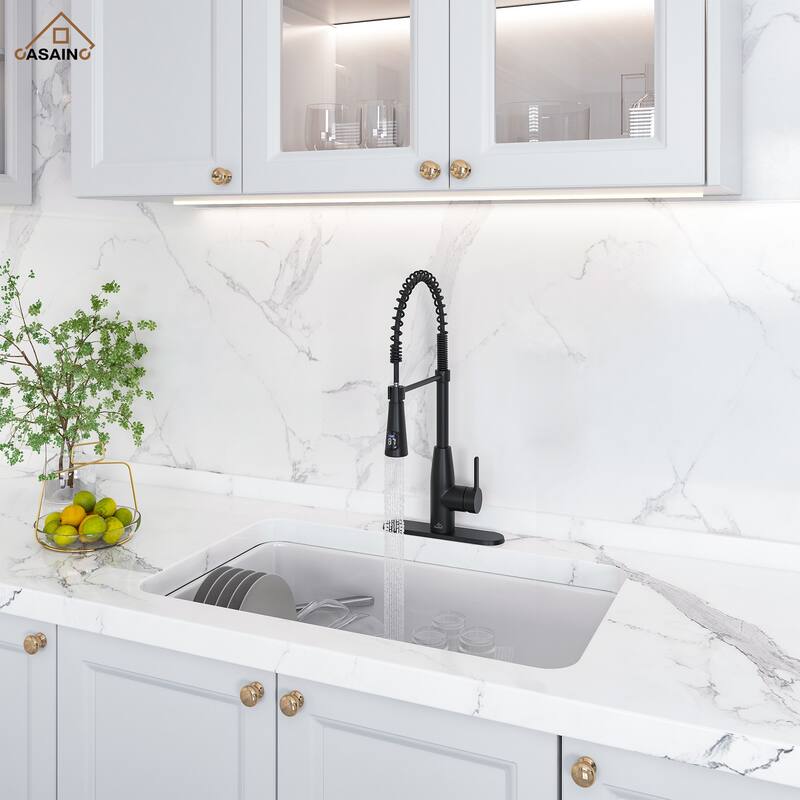 Single Handle Pull Down Sprayer Kitchen Faucet with Touchless Sensor and Intelligent Temperature Display - Black