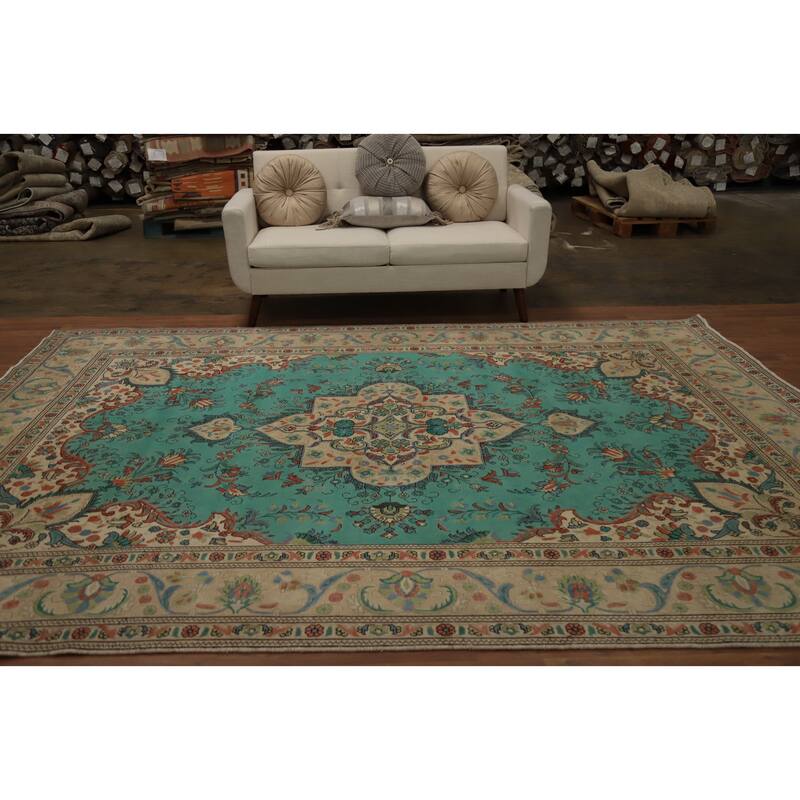 Hand Knotted Oriental 100% Wool Carpet Traditional Floral Green Tabriz Area Rug - 10' 11'' X 8' 3''