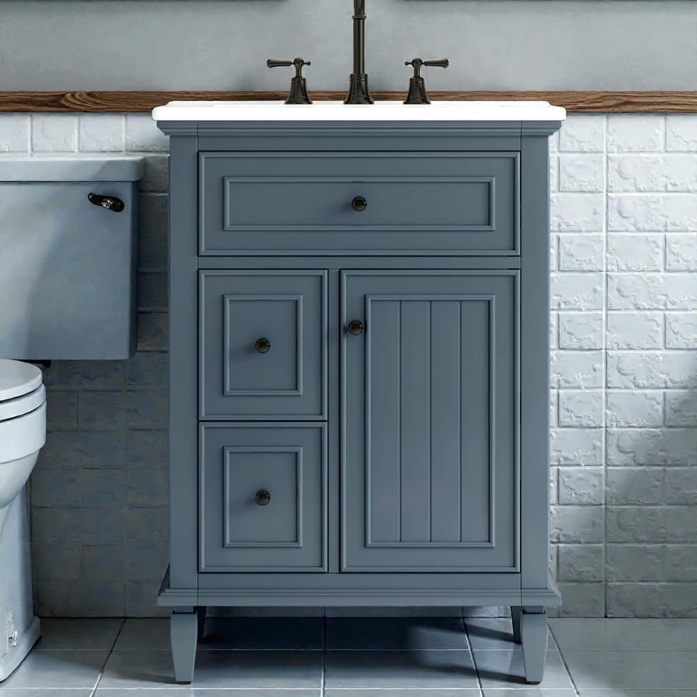 24" Bathroom Vanity with Sink, Flip Drawer & 2 Drawers, Solid Wood Frame, Adjustable Shelf, Ceramic Top