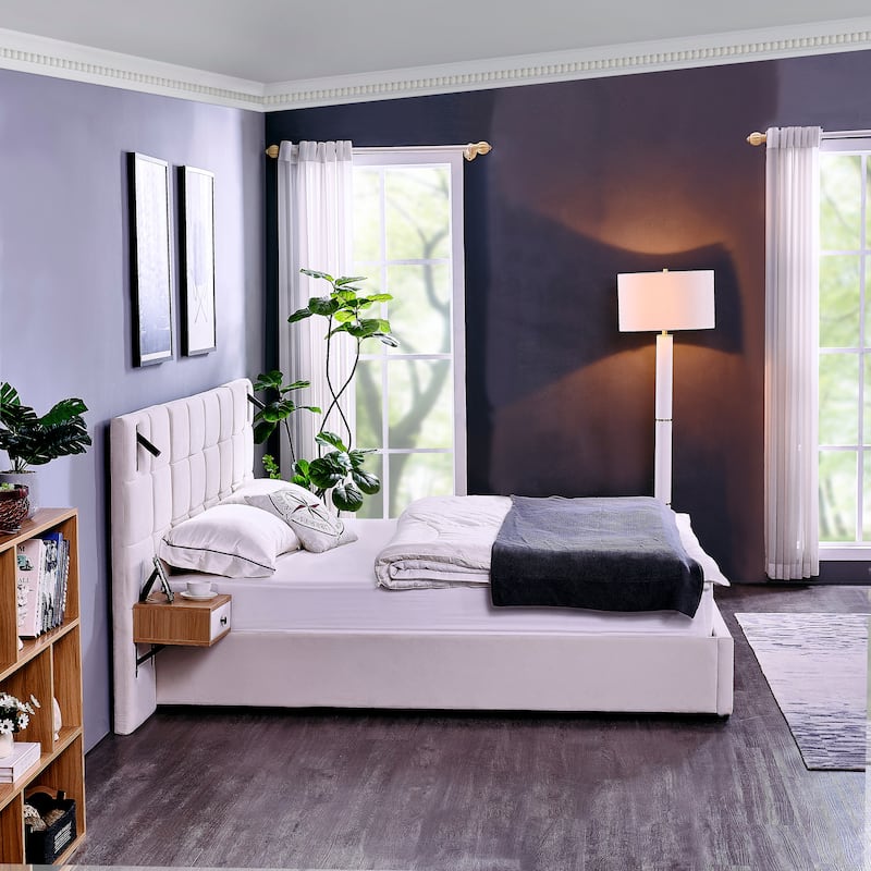 King Size Storage Velvet Upholstered Hydraulic Platform Bed with 2 Shelves, 2 Reading Lamps and USB Port