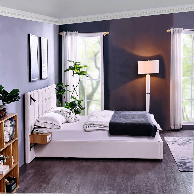 King SizeVelvet Upholstered Hydraulic Platform Bed with Built-in Reading Lamps, USB Ports and Integrated Storage Shelves