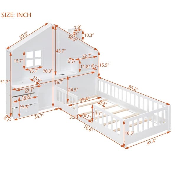 dimension image slide 2 of 4, Modern House Bed with set of Sockets, USB Port, Storage Shelves and 2 Drawers