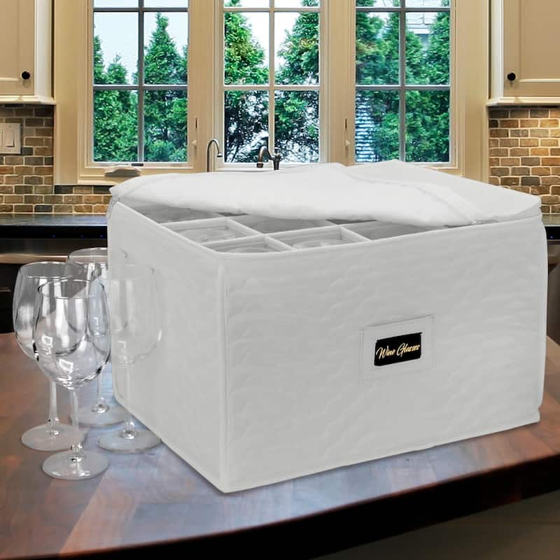 Stemware Wine Glass Storage Chest - Deluxe Quilted Microfiber Holds 12 Glasses (Beige / Gray)