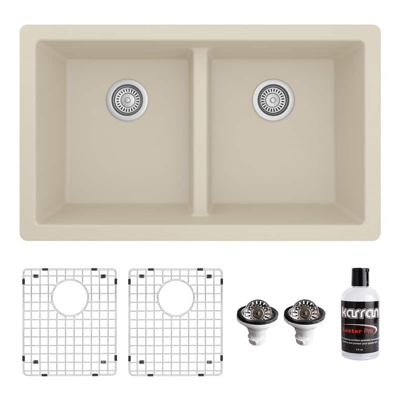Karran 32" Undermount Double Equal Bowl Quartz Kitchen Sink Kit - 32" x 19.5" x 9"