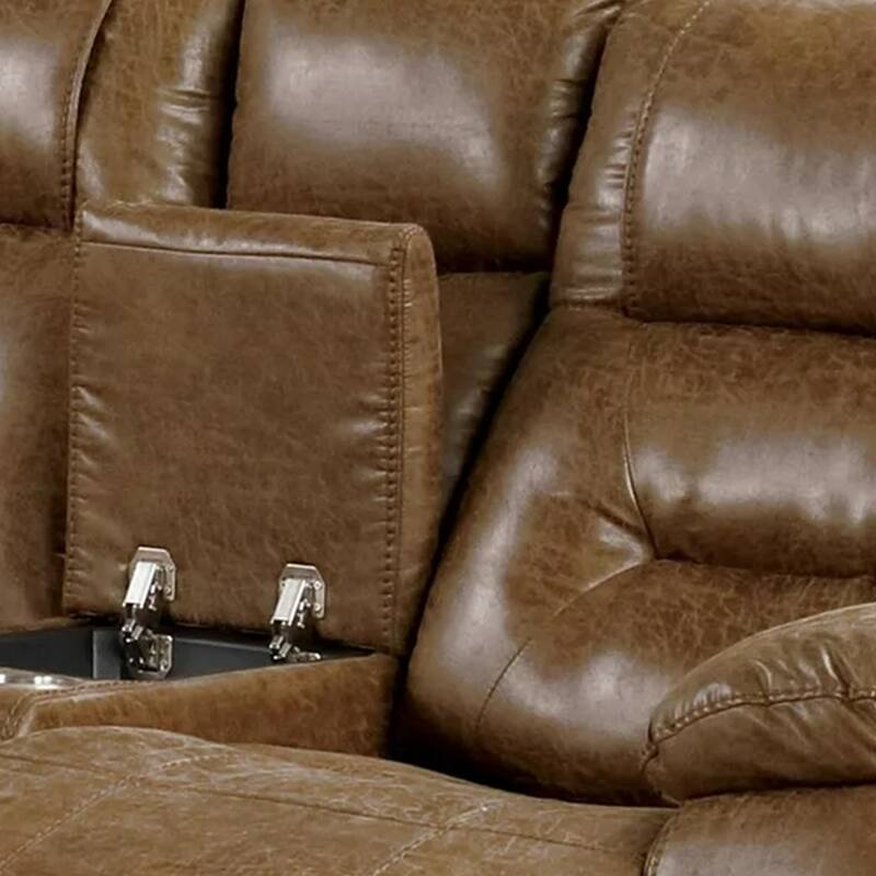 Kius Manual Recliner Loveseat, Brown Faux Leather, 70 Inch w Cupholders